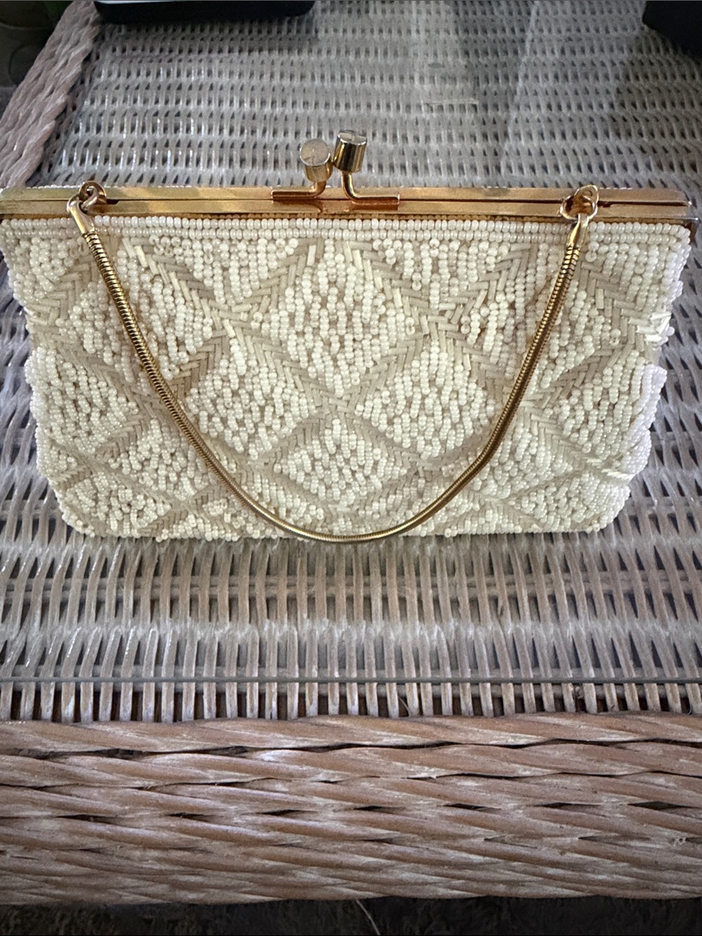 Vintage Cream Beaded Clutch with Gold Frame and Chain